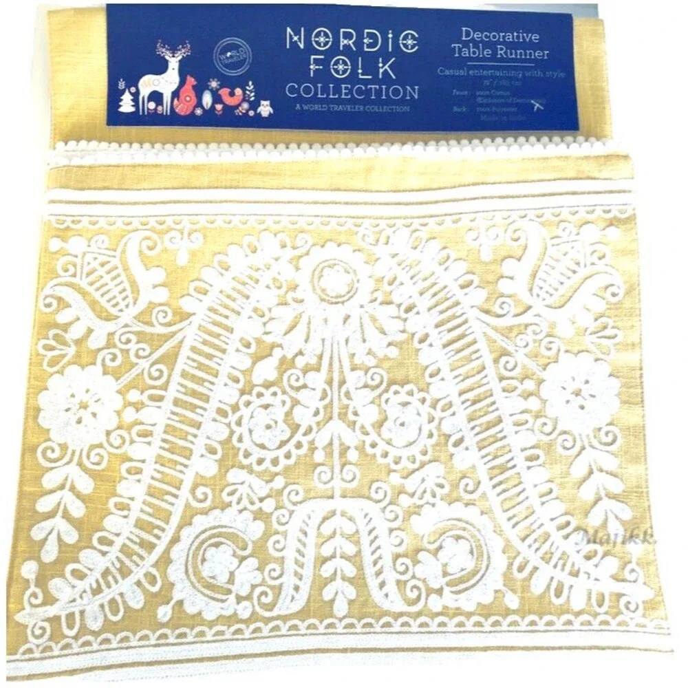 Nordic Folk Collection Embroidered Table Runner Yellow White 100% Cotton 72x14